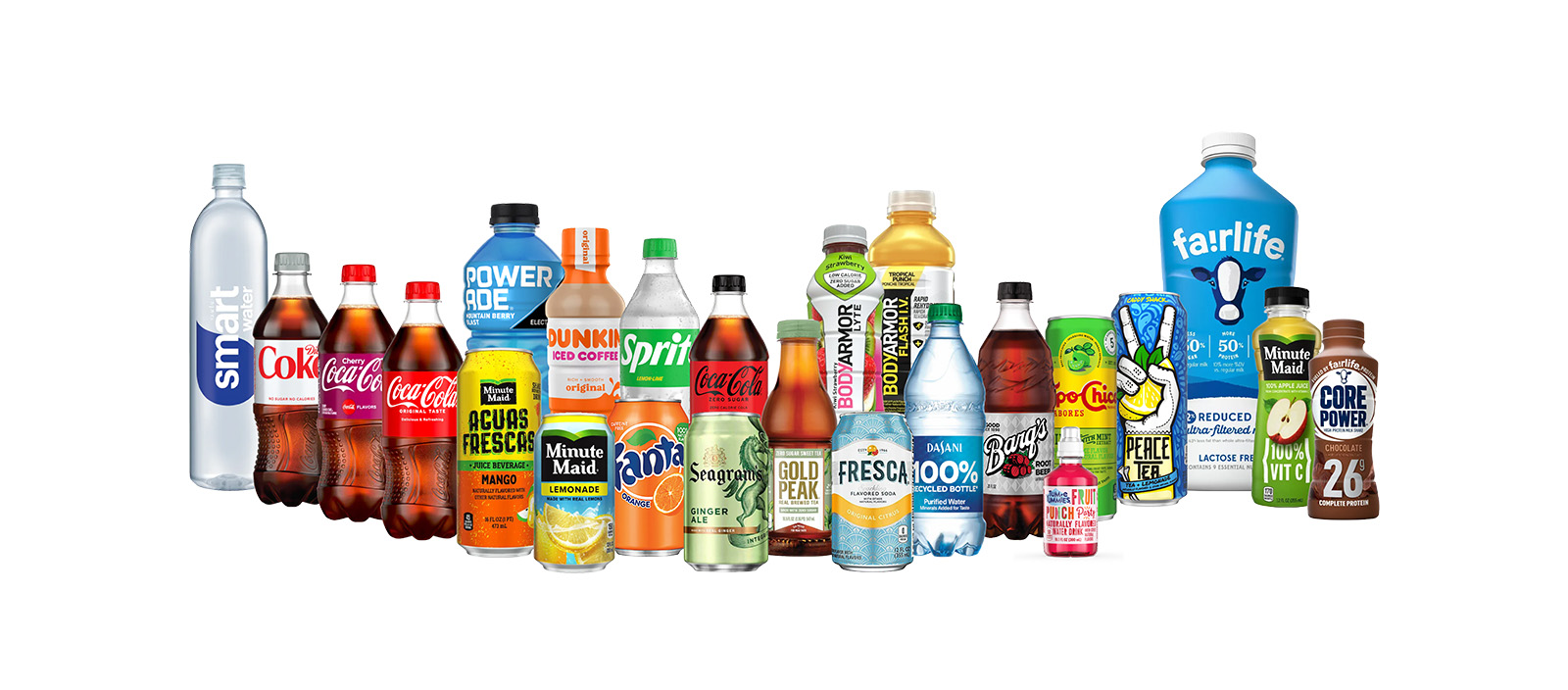 Various bottles and cans of Coca-Cola Company products including sodas, waters, juices and more.