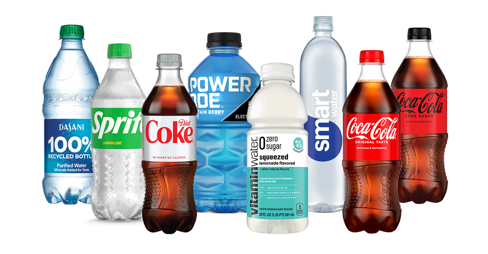 Various bottles and cans of Coca-Cola Company products including sodas, waters, juices and more.