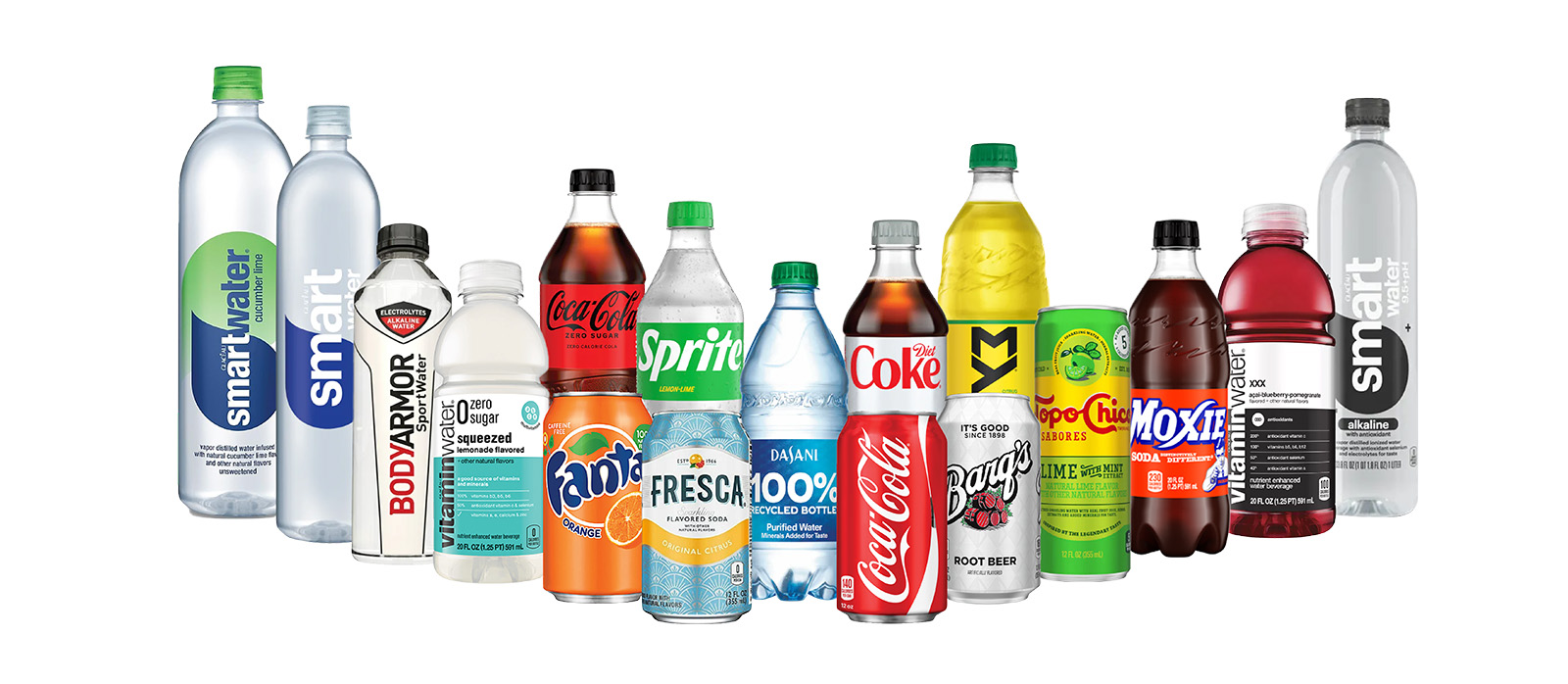 Various bottles and cans of Coca-Cola Company products including sodas, waters, juices and more.
