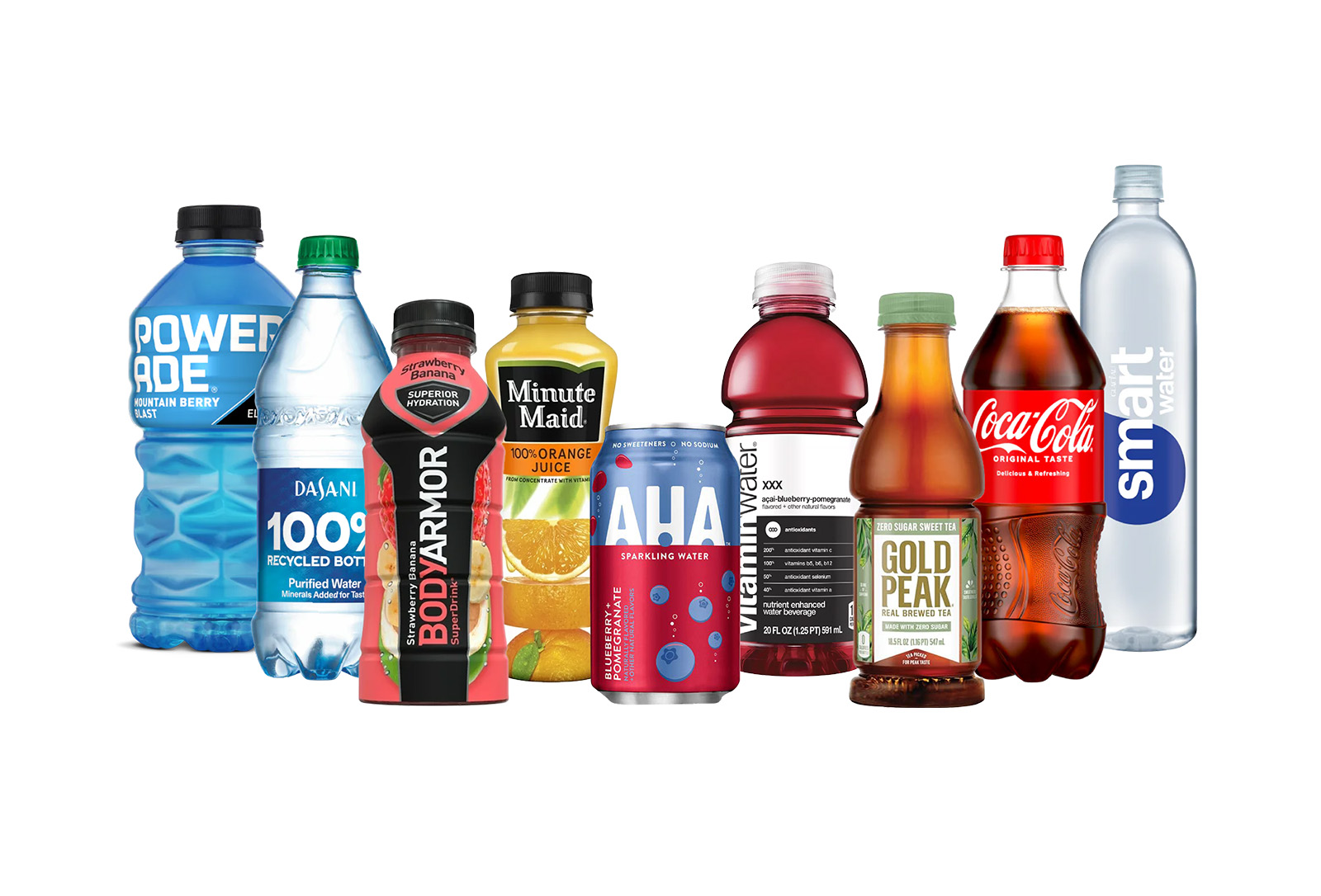 Various bottles and cans of Coca-Cola Company products including sodas, waters, juices and more.