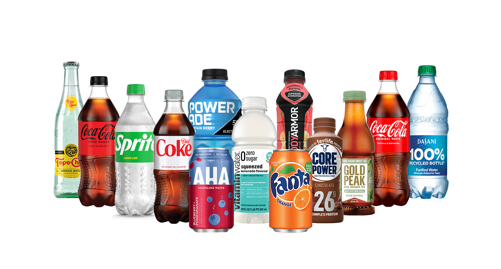 Various bottles and cans of Coca-Cola Company products including sodas, waters, juices and more.