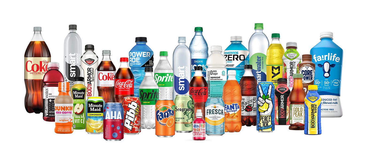 Various bottles and cans of Coca-Cola Company products including sodas, waters, juices and more.