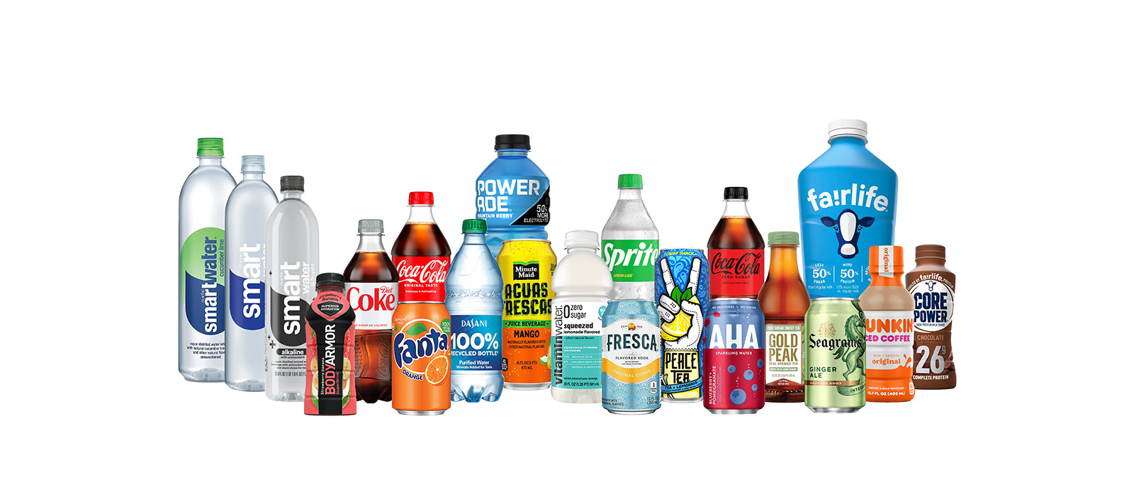 Various bottles and cans of Coca-Cola Company products including sodas, waters, juices and more.