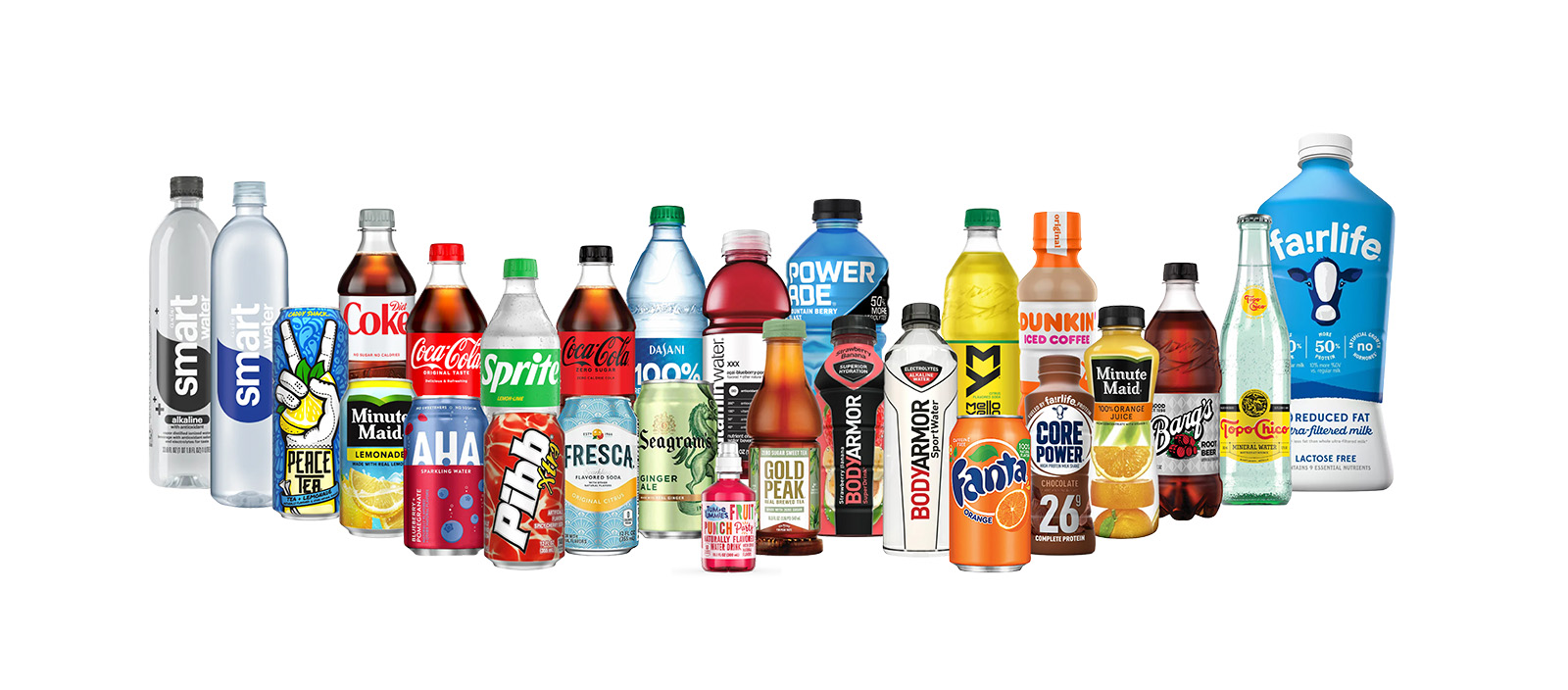 Various bottles and cans of Coca-Cola Company products including sodas, waters, juices and more.