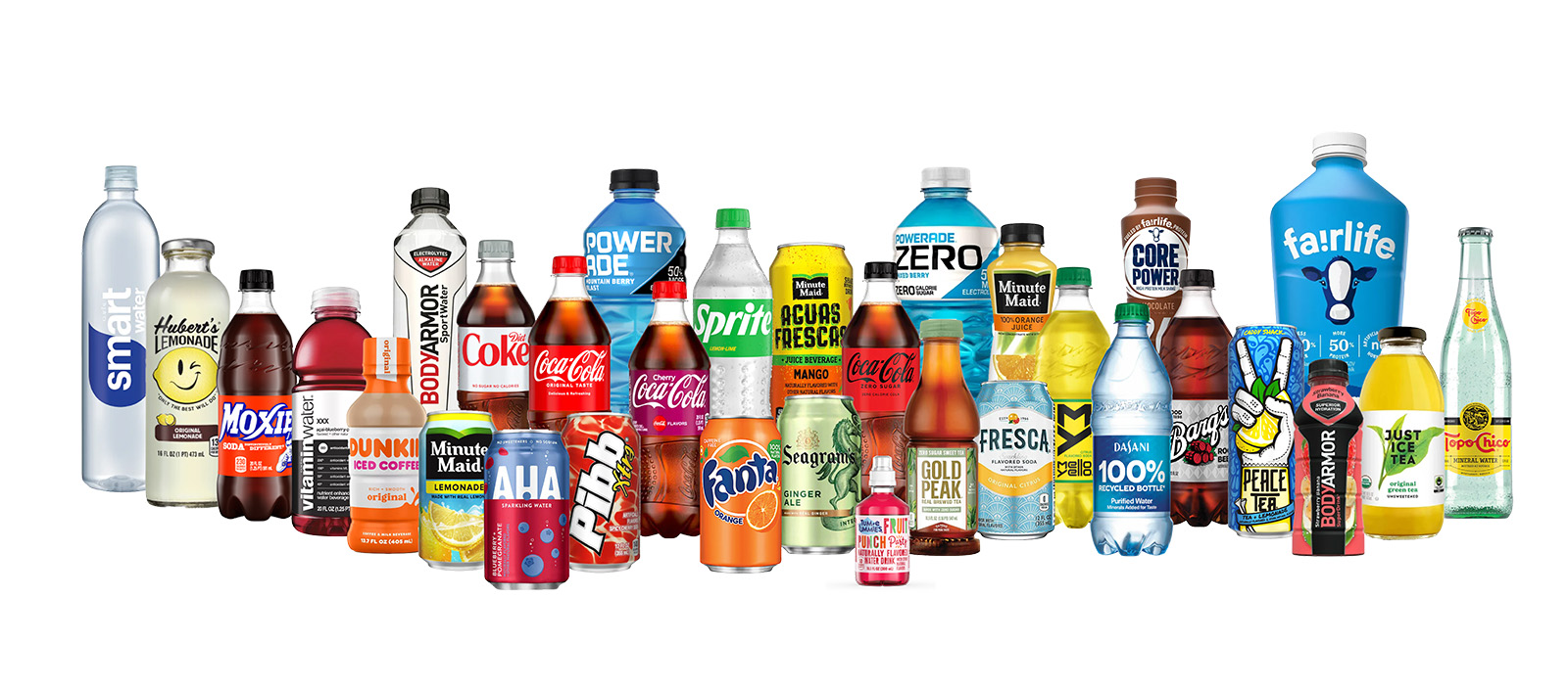Various bottles and cans of Coca-Cola Company products including sodas, waters, juices and more.